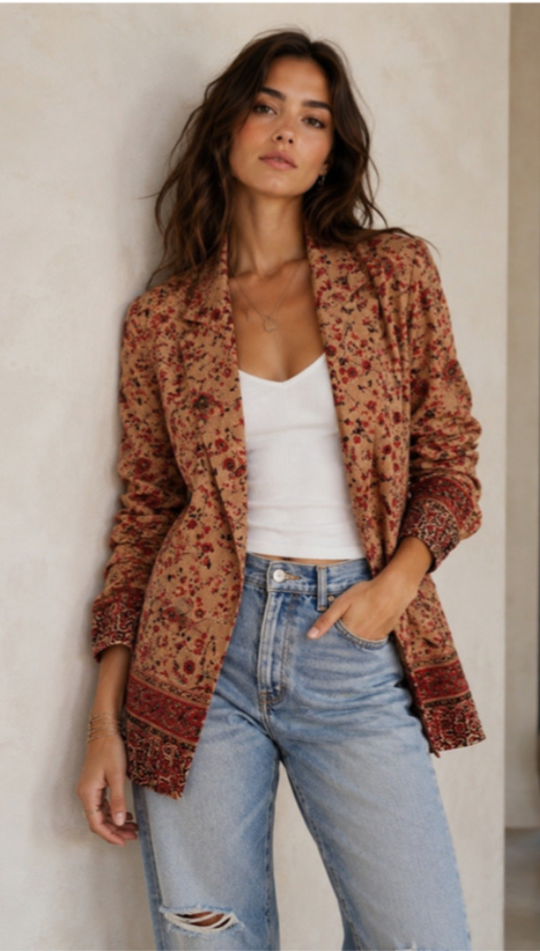 NEW Free People S Bellflower Double Breasted Blazer Tobacco Combo Linen Bl A20